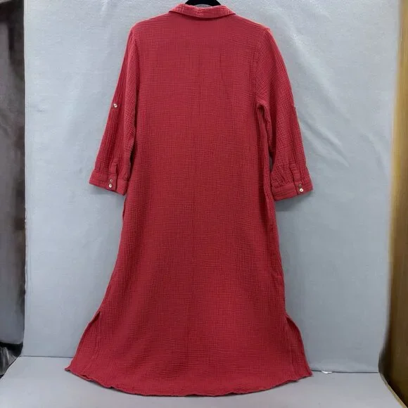 J. Jill Cotton-Gauze Shirtdress in Persimmon Red Orange SZ Small Beachy, Coastal - Picture 6 of 15